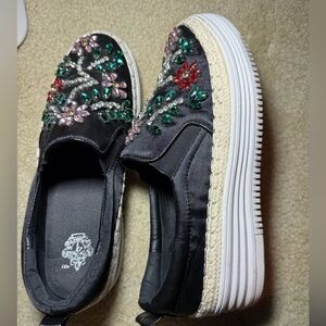 French Blu Black Floral Slip-On Embellished Sneakers with Platform Sole: size 9